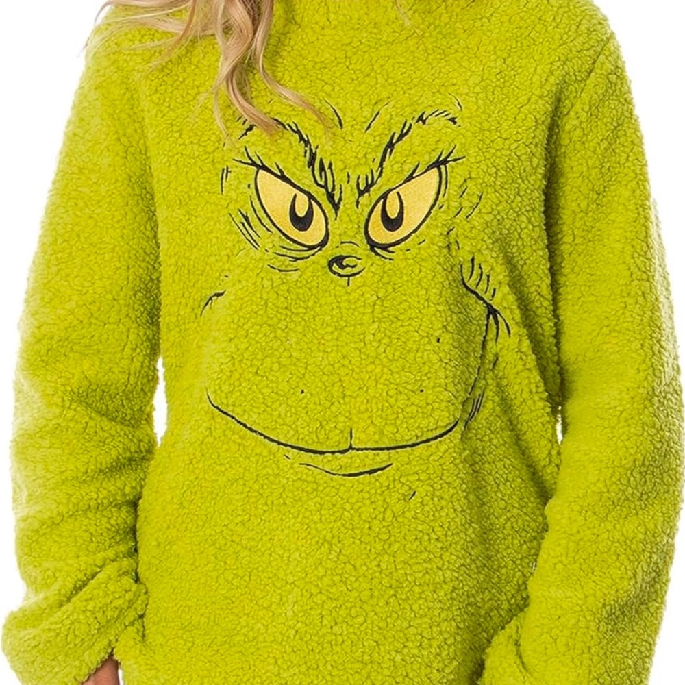 Bright Lime Green Cowl Neck Sweater with Grinch Face Design